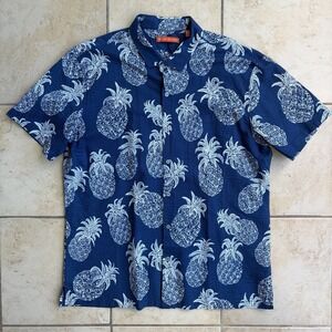 Tori Richard Shirt Mens XL Blue Pineapple Print Seersucker Button Up Vacation